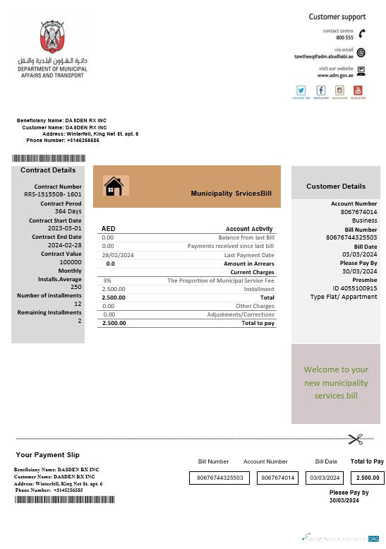 United Arab Emirates Abu Dhabi Municipality Service business utility bill template in Word and PDF formats
